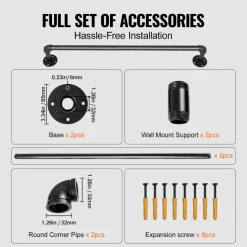 VEVOR Pipe Stair Handrail, 3FT Staircase Handrail, 440LBS Load Capacity Carbon Steel Pipe Handrail, Industrial Pipe Handrail with Wall Mount Support, Round Corner Wall Handrailings for Indoor, Outdoor