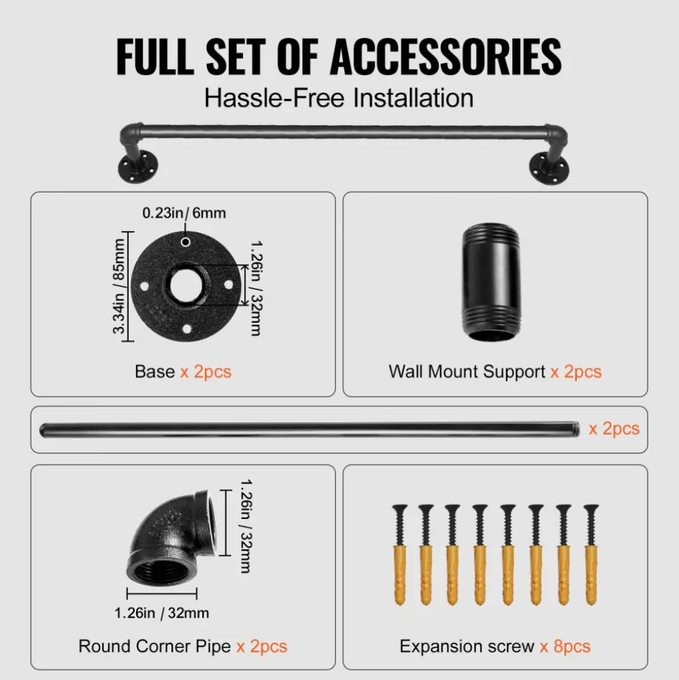 VEVOR Pipe Stair Handrail, 3FT Staircase Handrail, 440LBS Load Capacity Carbon Steel Pipe Handrail, Industrial Pipe Handrail with Wall Mount Support, Round Corner Wall Handrailings for Indoor, Outdoor