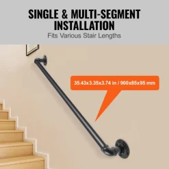 VEVOR Pipe Stair Handrail, 3FT Staircase Handrail, 440LBS Load Capacity Carbon Steel Pipe Handrail, Industrial Pipe Handrail with Wall Mount Support, Round Corner Wall Handrailings for Indoor, Outdoor
