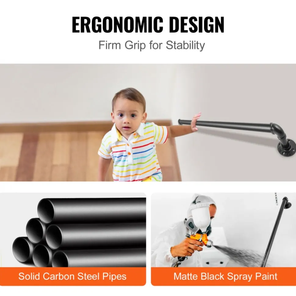 VEVOR Pipe Stair Handrail, 3FT Staircase Handrail, 440LBS Load Capacity Carbon Steel Pipe Handrail, Industrial Pipe Handrail with Wall Mount Support, Round Corner Wall Handrailings for Indoor, Outdoor