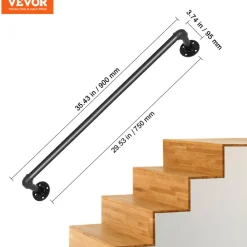 VEVOR Pipe Stair Handrail, 3FT Staircase Handrail, 440LBS Load Capacity Carbon Steel Pipe Handrail, Industrial Pipe Handrail with Wall Mount Support, Round Corner Wall Handrailings for Indoor, Outdoor