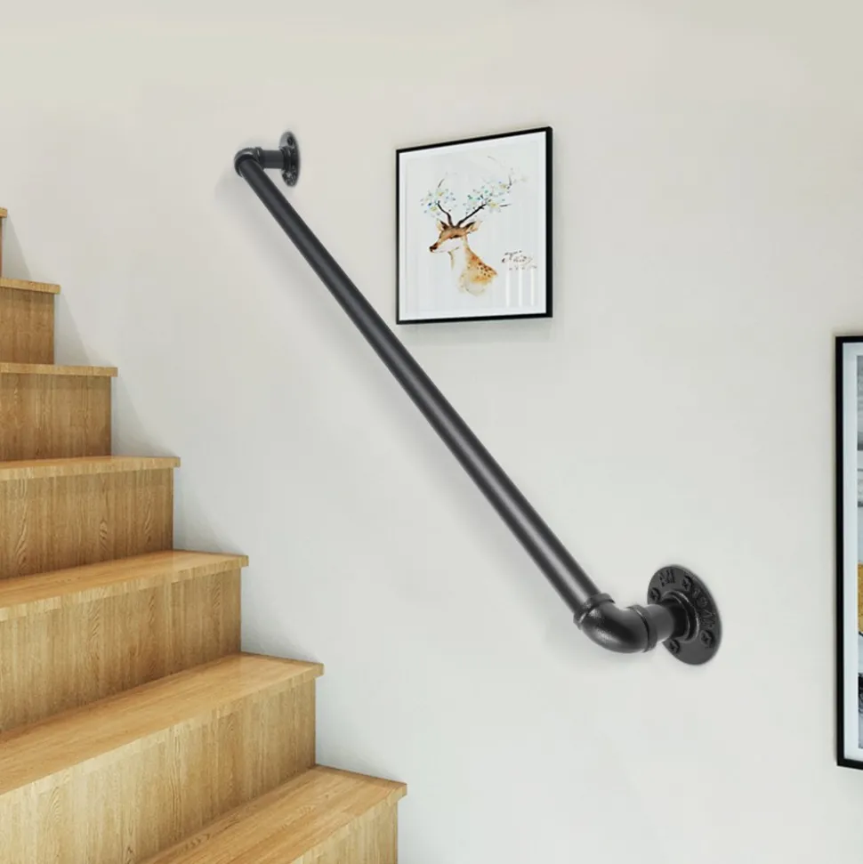 VEVOR Pipe Stair Handrail, 3FT Staircase Handrail, 440LBS Load Capacity Carbon Steel Pipe Handrail, Industrial Pipe Handrail with Wall Mount Support, Round Corner Wall Handrailings for Indoor, Outdoor