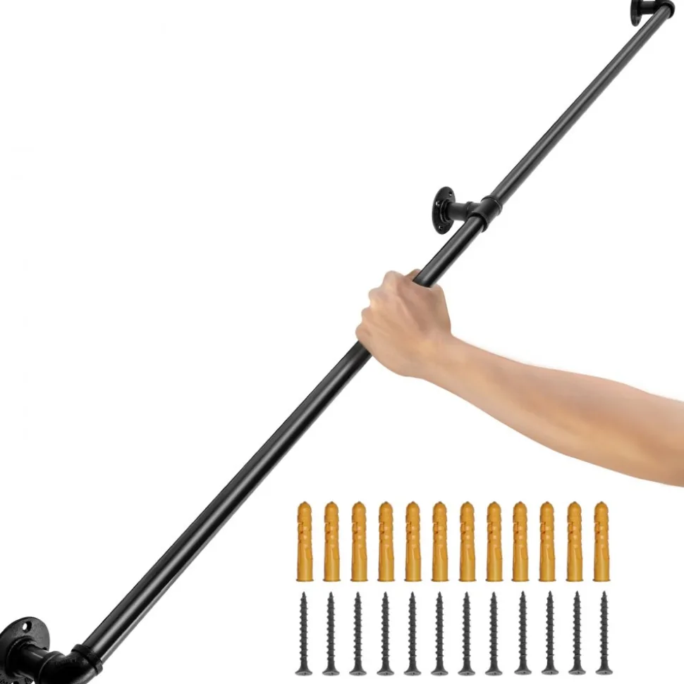 VEVOR Pipe Stair Handrail, 5FT Staircase Handrail, 440LBS Load Capacity Carbon Steel Pipe Handrail, Industrial Pipe Handrail with Wall Mount Support, Round Corner Wall Handrailings for Indoor, Outdoor
