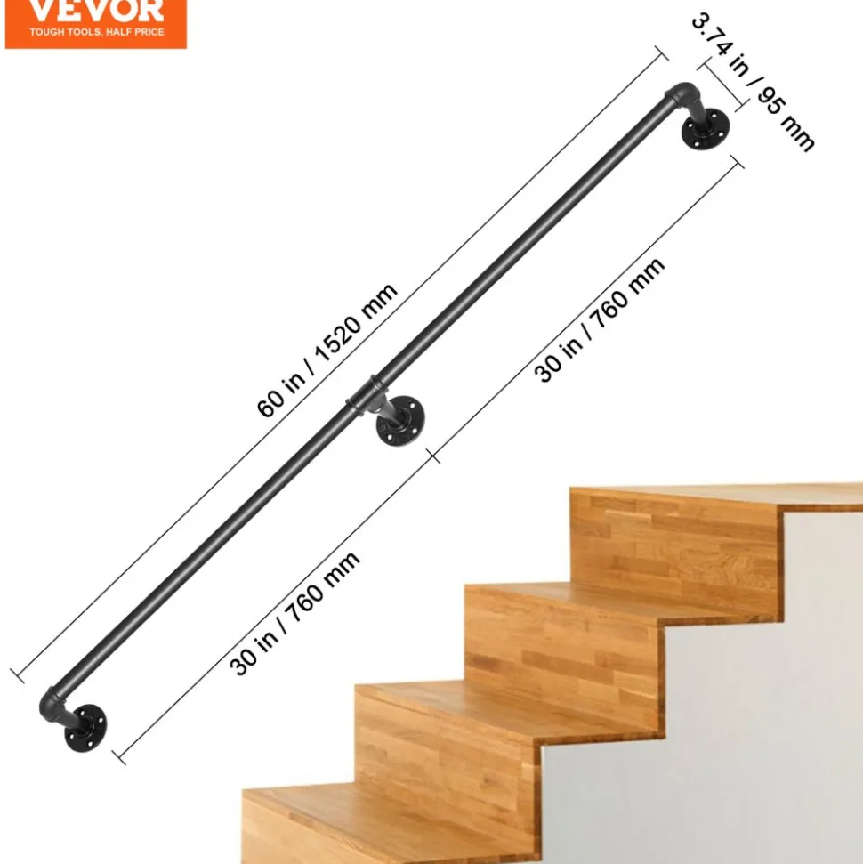 VEVOR Pipe Stair Handrail, 5FT Staircase Handrail, 440LBS Load Capacity Carbon Steel Pipe Handrail, Industrial Pipe Handrail with Wall Mount Support, Round Corner Wall Handrailings for Indoor, Outdoor