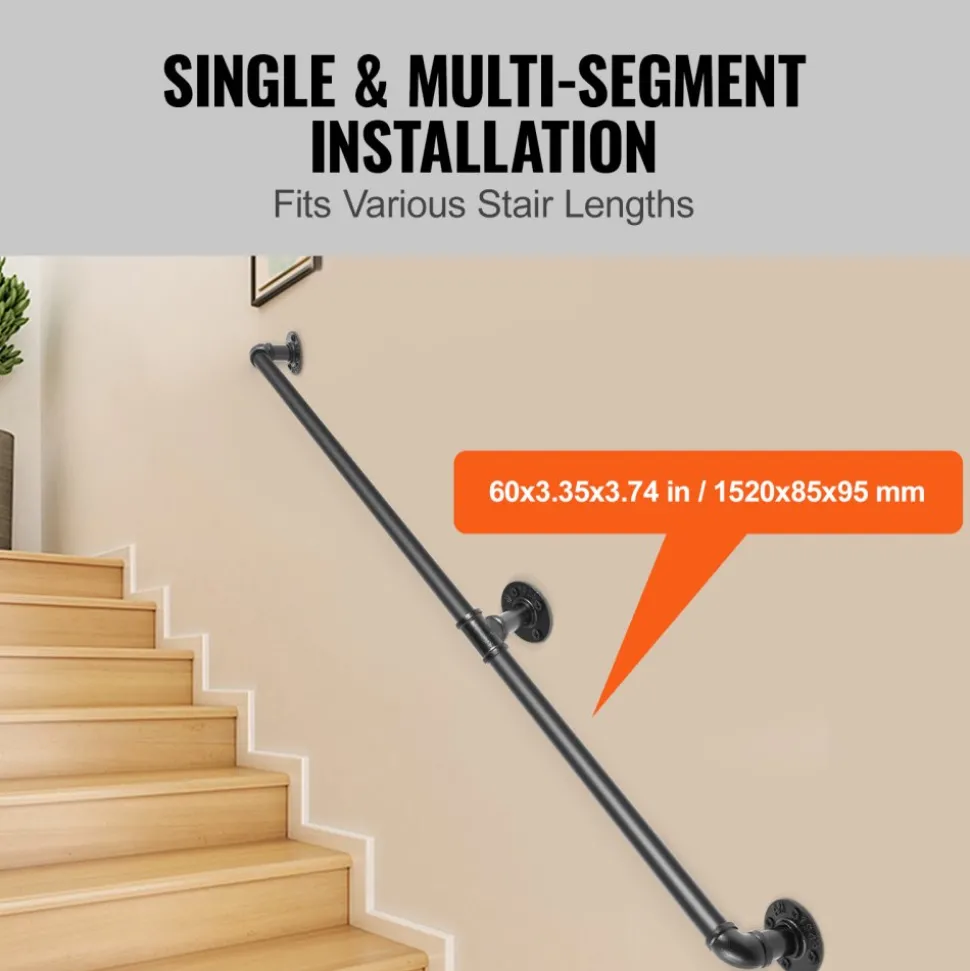 VEVOR Pipe Stair Handrail, 5FT Staircase Handrail, 440LBS Load Capacity Carbon Steel Pipe Handrail, Industrial Pipe Handrail with Wall Mount Support, Round Corner Wall Handrailings for Indoor, Outdoor