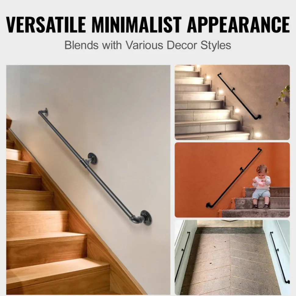 VEVOR Pipe Stair Handrail, 5FT Staircase Handrail, 440LBS Load Capacity Carbon Steel Pipe Handrail, Industrial Pipe Handrail with Wall Mount Support, Round Corner Wall Handrailings for Indoor, Outdoor