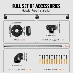 VEVOR Pipe Stair Handrail, 5FT Staircase Handrail, 440LBS Load Capacity Carbon Steel Pipe Handrail, Industrial Pipe Handrail with Wall Mount Support, Round Corner Wall Handrailings for Indoor, Outdoor