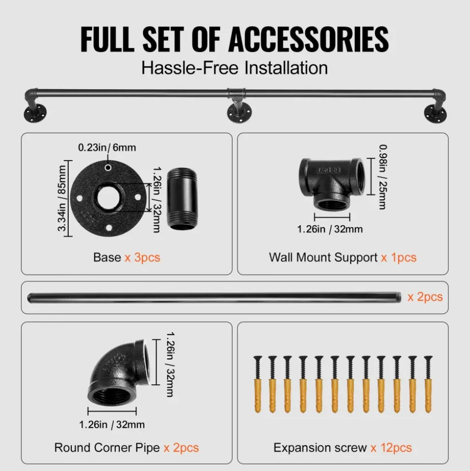 VEVOR Pipe Stair Handrail, 5FT Staircase Handrail, 440LBS Load Capacity Carbon Steel Pipe Handrail, Industrial Pipe Handrail with Wall Mount Support, Round Corner Wall Handrailings for Indoor, Outdoor