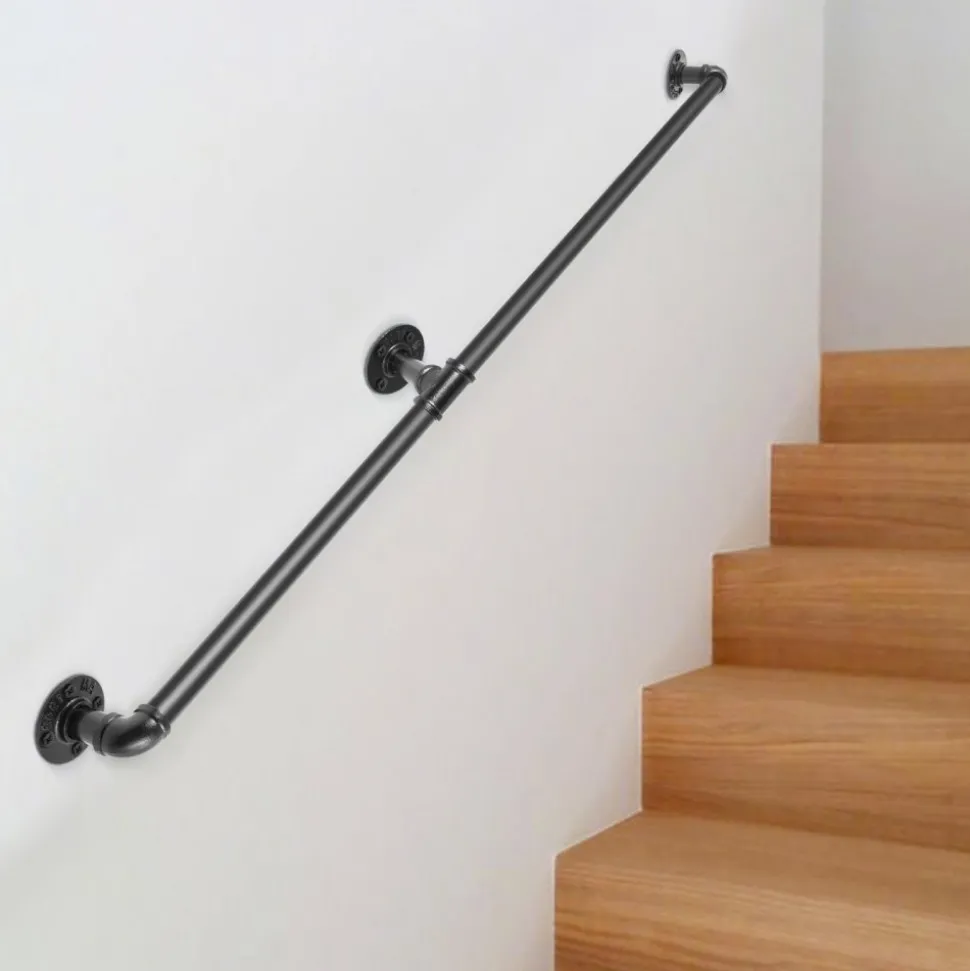 VEVOR Pipe Stair Handrail, 5FT Staircase Handrail, 440LBS Load Capacity Carbon Steel Pipe Handrail, Industrial Pipe Handrail with Wall Mount Support, Round Corner Wall Handrailings for Indoor, Outdoor