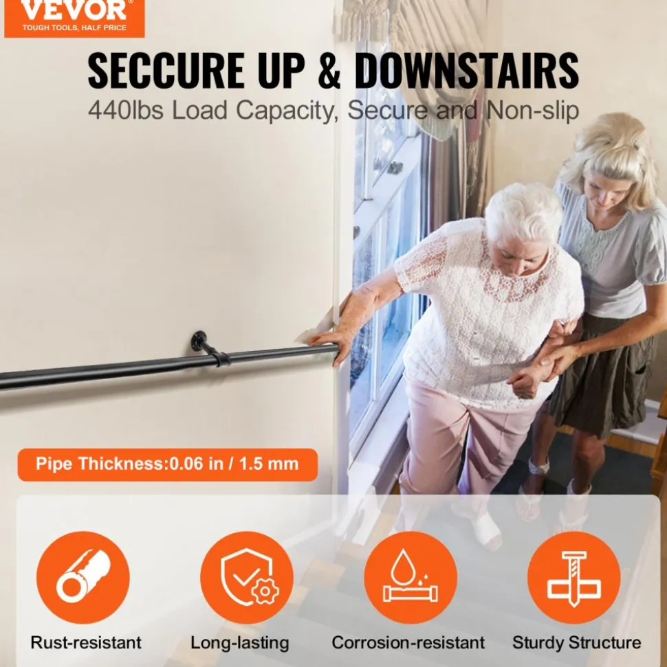 VEVOR Pipe Stair Handrail, 5FT Staircase Handrail, 440LBS Load Capacity Carbon Steel Pipe Handrail, Industrial Pipe Handrail with Wall Mount Support, Round Corner Wall Handrailings for Indoor, Outdoor