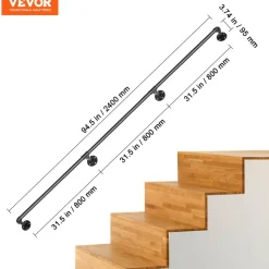 VEVOR Pipe Stair Handrail, 8FT Staircase Handrail, 440LBS Load Capacity Carbon Steel Pipe Handrail, Industrial Pipe Handrail with Wall Mount Support, Round Corner Wall Handrailings for Indoor, Outdoor