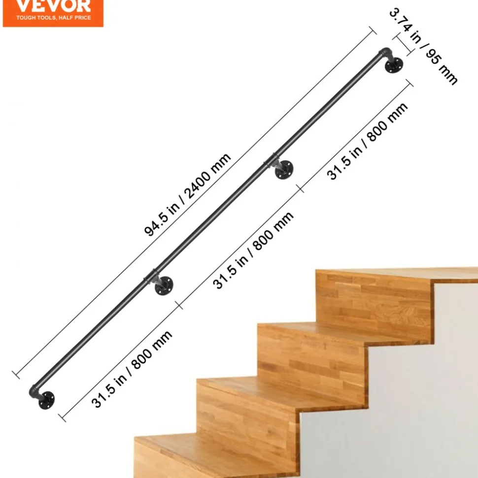 VEVOR Pipe Stair Handrail, 8FT Staircase Handrail, 440LBS Load Capacity Carbon Steel Pipe Handrail, Industrial Pipe Handrail with Wall Mount Support, Round Corner Wall Handrailings for Indoor, Outdoor