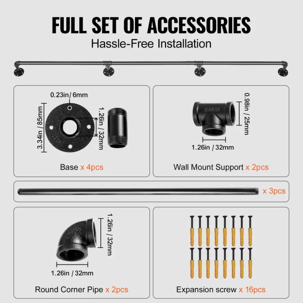 VEVOR Pipe Stair Handrail, 8FT Staircase Handrail, 440LBS Load Capacity Carbon Steel Pipe Handrail, Industrial Pipe Handrail with Wall Mount Support, Round Corner Wall Handrailings for Indoor, Outdoor