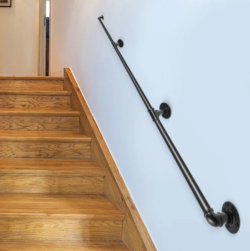 VEVOR Pipe Stair Handrail, 8FT Staircase Handrail, 440LBS Load Capacity Carbon Steel Pipe Handrail, Industrial Pipe Handrail with Wall Mount Support, Round Corner Wall Handrailings for Indoor, Outdoor