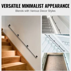 VEVOR Pipe Stair Handrail, 8FT Staircase Handrail, 440LBS Load Capacity Carbon Steel Pipe Handrail, Industrial Pipe Handrail with Wall Mount Support, Round Corner Wall Handrailings for Indoor, Outdoor