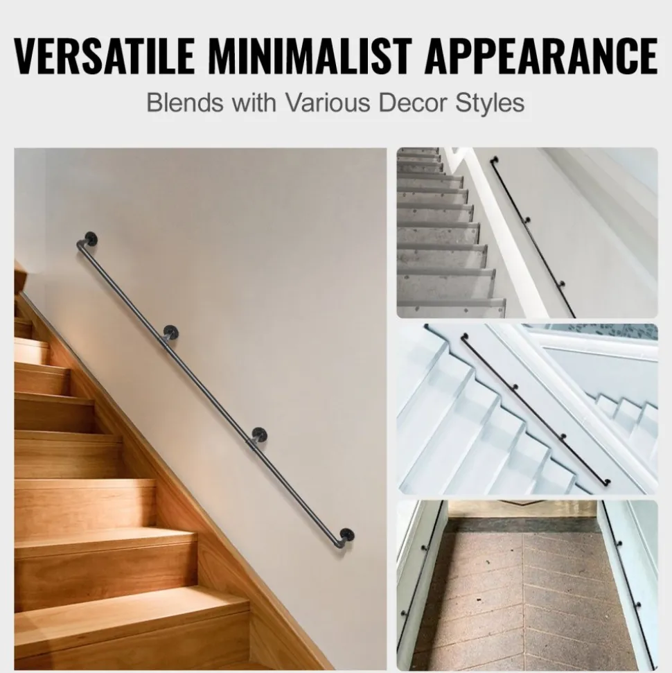 VEVOR Pipe Stair Handrail, 8FT Staircase Handrail, 440LBS Load Capacity Carbon Steel Pipe Handrail, Industrial Pipe Handrail with Wall Mount Support, Round Corner Wall Handrailings for Indoor, Outdoor