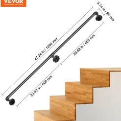 VEVOR Pipe Stair Handrail, 4FT Staircase Handrail, 440LBS Load Capacity Carbon Steel Pipe Handrail, Industrial Pipe Handrail with Wall Mount Support, Round Corner Wall Handrailings for Indoor, Outdoor