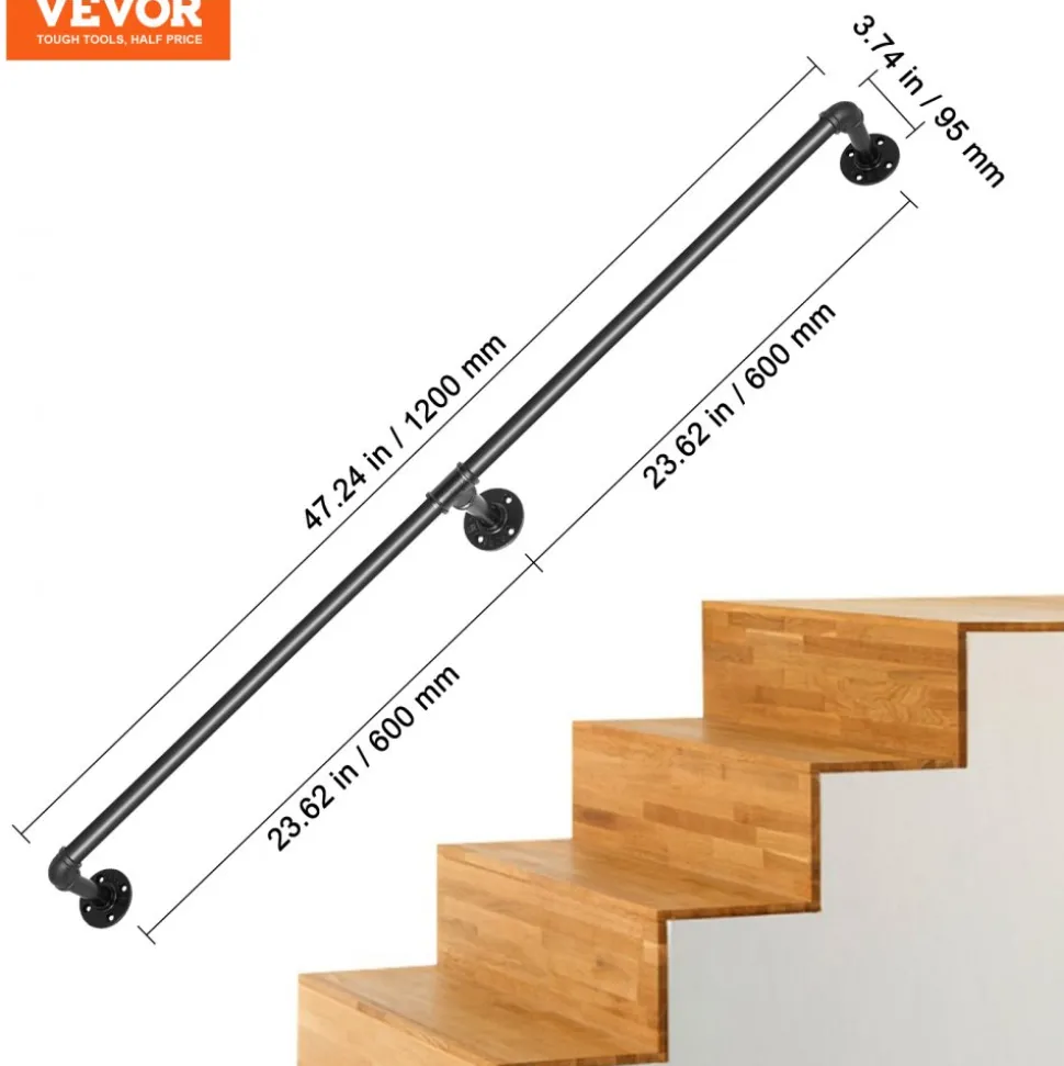 VEVOR Pipe Stair Handrail, 4FT Staircase Handrail, 440LBS Load Capacity Carbon Steel Pipe Handrail, Industrial Pipe Handrail with Wall Mount Support, Round Corner Wall Handrailings for Indoor, Outdoor