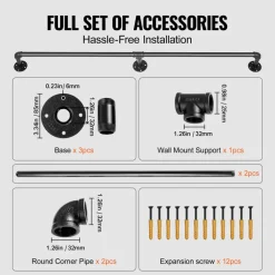 VEVOR Pipe Stair Handrail, 4FT Staircase Handrail, 440LBS Load Capacity Carbon Steel Pipe Handrail, Industrial Pipe Handrail with Wall Mount Support, Round Corner Wall Handrailings for Indoor, Outdoor