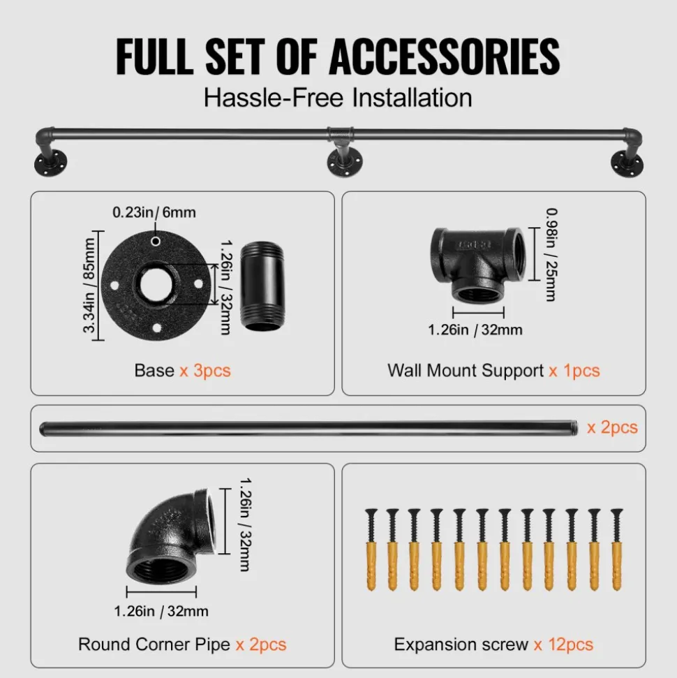 VEVOR Pipe Stair Handrail, 4FT Staircase Handrail, 440LBS Load Capacity Carbon Steel Pipe Handrail, Industrial Pipe Handrail with Wall Mount Support, Round Corner Wall Handrailings for Indoor, Outdoor