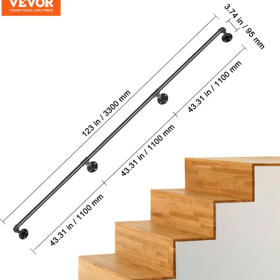 VEVOR Pipe Stair Handrail, 11FT Staircase Handrail, 440LBS Load Capacity Carbon Steel Pipe Handrail, Industrial Pipe Handrail with Wall Mount Support, Round Corner Wall Handrailing for Indoor, Outdoor