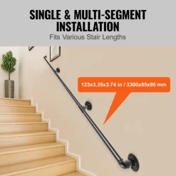 VEVOR Pipe Stair Handrail, 11FT Staircase Handrail, 440LBS Load Capacity Carbon Steel Pipe Handrail, Industrial Pipe Handrail with Wall Mount Support, Round Corner Wall Handrailing for Indoor, Outdoor