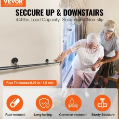 VEVOR Pipe Stair Handrail, 13FT Staircase Handrail, 440LBS Load Capacity Carbon Steel Pipe Handrail, Industrial Pipe Handrail with Wall Mount Support, Round Corner Wall Handrailing for Indoor, Outdoor