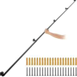 VEVOR Pipe Stair Handrail, 13FT Staircase Handrail, 440LBS Load Capacity Carbon Steel Pipe Handrail, Industrial Pipe Handrail with Wall Mount Support, Round Corner Wall Handrailing for Indoor, Outdoor