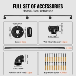 VEVOR Pipe Stair Handrail, 13FT Staircase Handrail, 440LBS Load Capacity Carbon Steel Pipe Handrail, Industrial Pipe Handrail with Wall Mount Support, Round Corner Wall Handrailing for Indoor, Outdoor