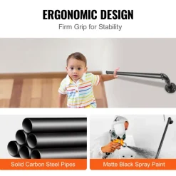 VEVOR Pipe Stair Handrail, 2FT Staircase Handrail, 440LBS Load Capacity Carbon Steel Pipe Handrail, Industrial Pipe Handrail with Wall Mount Support, Round Corner Wall Handrailings for Indoor, Outdoor