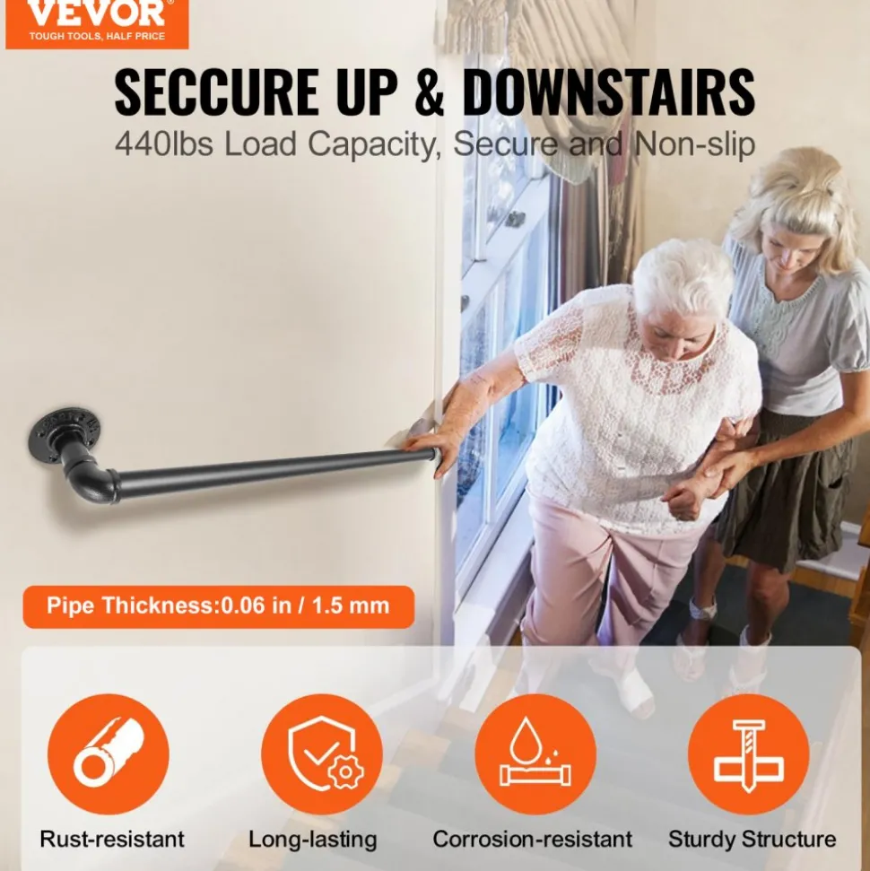 VEVOR Pipe Stair Handrail, 2FT Staircase Handrail, 440LBS Load Capacity Carbon Steel Pipe Handrail, Industrial Pipe Handrail with Wall Mount Support, Round Corner Wall Handrailings for Indoor, Outdoor