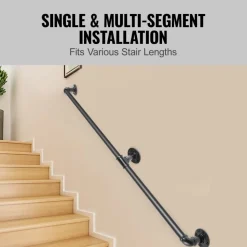 VEVOR Pipe Stair Handrail, 6FT Staircase Handrail, 440LBS Load Capacity Carbon Steel Pipe Handrail, Industrial Pipe Handrail with Wall Mount Support, Round Corner Wall Handrailings for Indoor, Outdoor