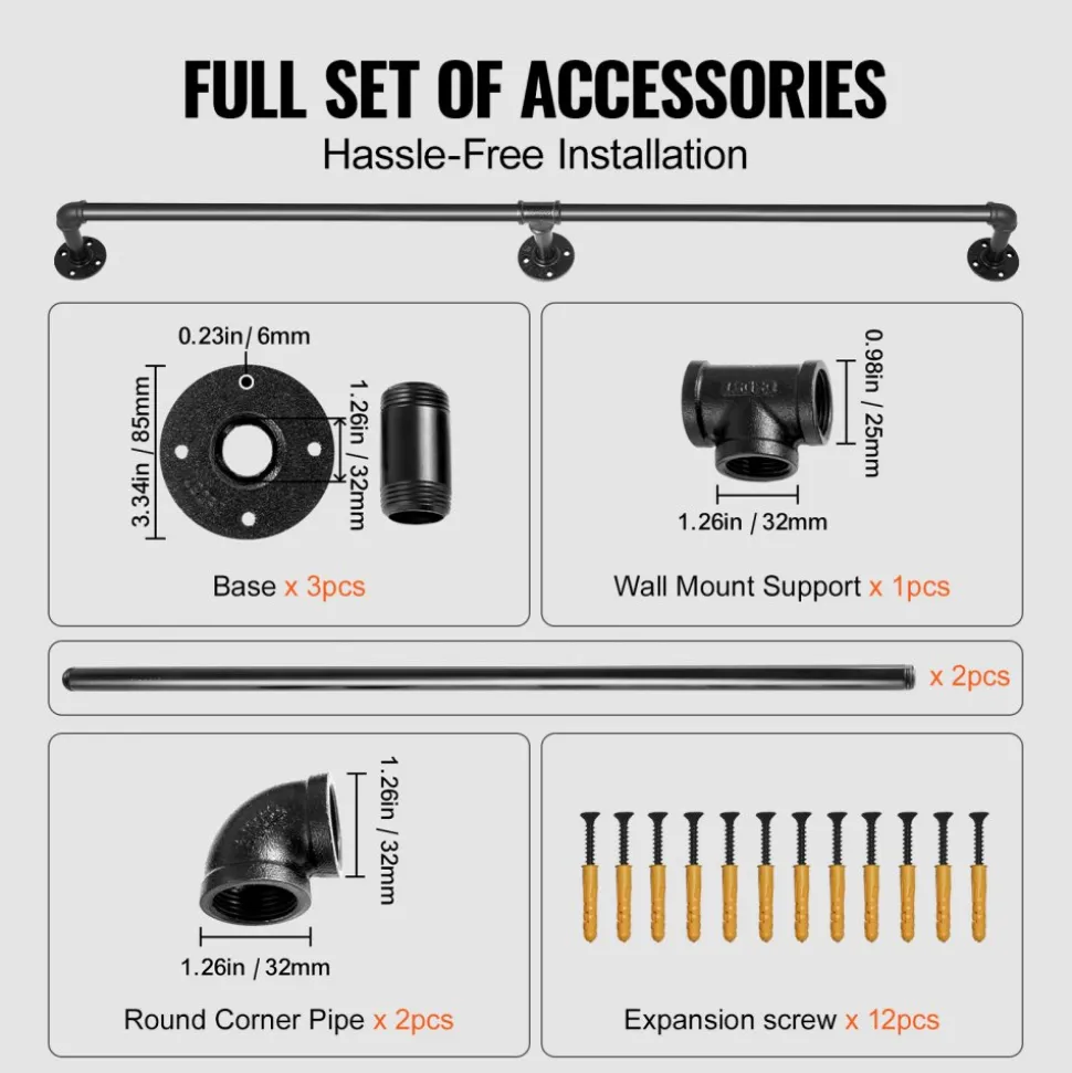VEVOR Pipe Stair Handrail, 6FT Staircase Handrail, 440LBS Load Capacity Carbon Steel Pipe Handrail, Industrial Pipe Handrail with Wall Mount Support, Round Corner Wall Handrailings for Indoor, Outdoor