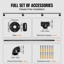 VEVOR Pipe Stair Handrail, 10FT Staircase Handrail, 440LBS Load Capacity Carbon Steel Pipe Handrail, Industrial Pipe Handrail with Wall Mount Support, Round Corner Wall Handrailing for Indoor, Outdoor