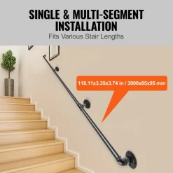 VEVOR Pipe Stair Handrail, 10FT Staircase Handrail, 440LBS Load Capacity Carbon Steel Pipe Handrail, Industrial Pipe Handrail with Wall Mount Support, Round Corner Wall Handrailing for Indoor, Outdoor