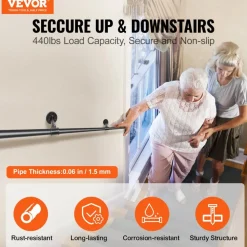 VEVOR Pipe Stair Handrail, 10FT Staircase Handrail, 440LBS Load Capacity Carbon Steel Pipe Handrail, Industrial Pipe Handrail with Wall Mount Support, Round Corner Wall Handrailing for Indoor, Outdoor