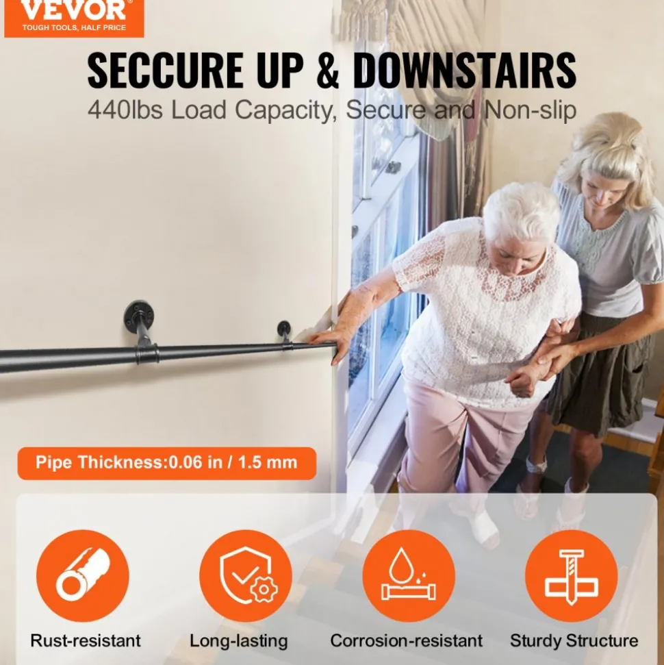 VEVOR Pipe Stair Handrail, 10FT Staircase Handrail, 440LBS Load Capacity Carbon Steel Pipe Handrail, Industrial Pipe Handrail with Wall Mount Support, Round Corner Wall Handrailing for Indoor, Outdoor