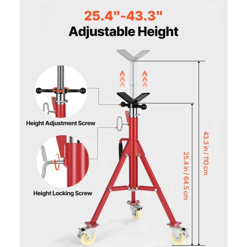 VEVOR Pipe Stand, V Head Pipe Stand Adjustable Height 20-37 Inch, 2500LBS Pipe Stands with Casters, Folding Portable Pipe Stands for 1/8 to 12 Inch Pipe Supporting
