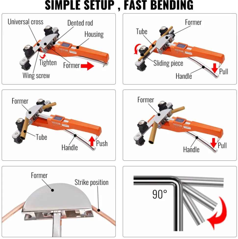 VEVOR Pipe Tube Bender, 1/4"-7/8" O.D. Ratcheting Tubing Bender, 90° Forward/Reverse Pipes Bending Tools with 7 Dies and Pipe Cutter for HVAC Air Conditioning Refrigerator Repair