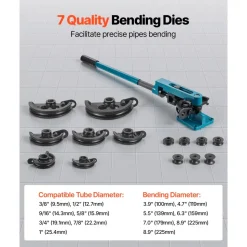 VEVOR Pipe Tube Bender, 3/8" to 1" Manual Pipe Tube Bender, with 7 Dies, Heavy Duty Tube Bender Tubing of Steel Metal Copper, for Repair Shops, Blue
