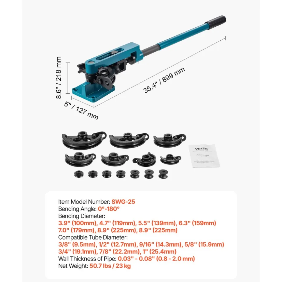VEVOR Pipe Tube Bender, 3/8" to 1" Manual Pipe Tube Bender, with 7 Dies, Heavy Duty Tube Bender Tubing of Steel Metal Copper, for Repair Shops, Blue