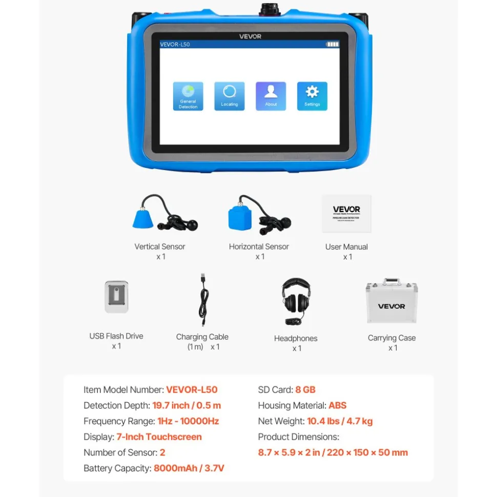 VEVOR Pipe Water Leak Detector for Indoors, 1Hz-10000Hz, 7" Touchscreen Plumbing Water Leakage Detection Locator with Horizontal & Vertical Sensors, Headphones, 8GB SD Card & Carry Case for Home Use