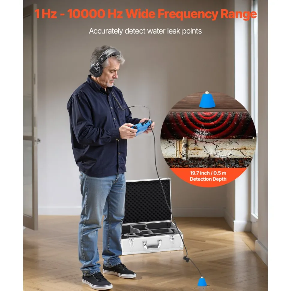 VEVOR Pipe Water Leak Detector for Indoors, 1Hz-10000Hz, 7" Touchscreen Plumbing Water Leakage Detection Locator with Horizontal & Vertical Sensors, Headphones, 8GB SD Card & Carry Case for Home Use