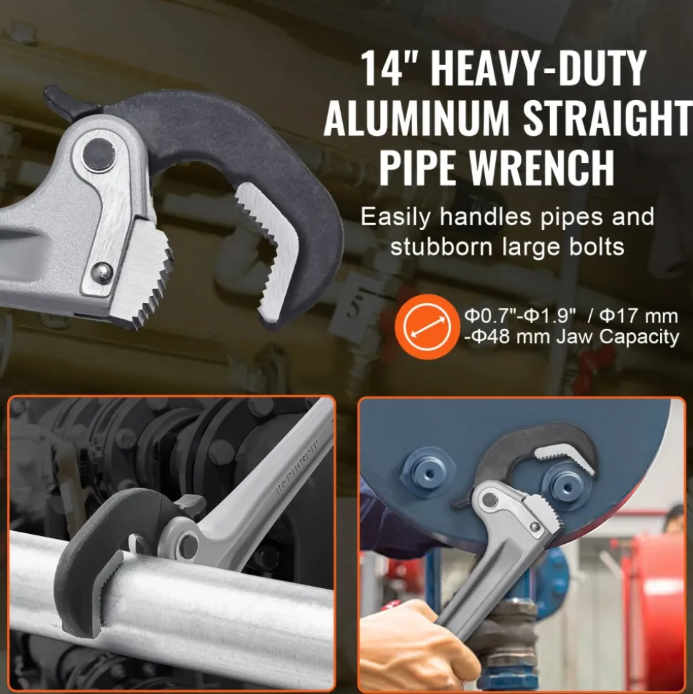 VEVOR Pipe Wrench, 14" Aluminum Straight Pipe Wrench, Automatic Jaw Adjustment, Adjustable Plumbing Wrench, Easy to Carry, Ergonomic Handle, Hangable Design, for Water Pipes, Automotive Repairs