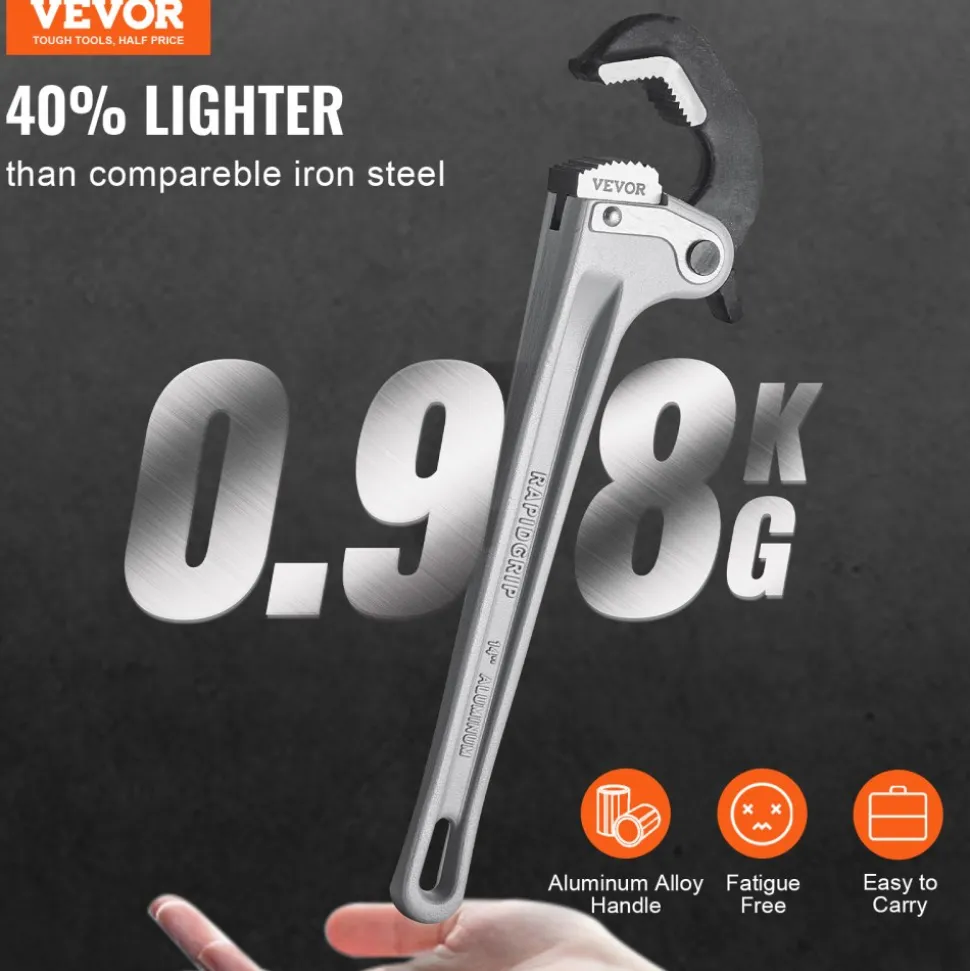 VEVOR Pipe Wrench, 14" Aluminum Straight Pipe Wrench, Automatic Jaw Adjustment, Adjustable Plumbing Wrench, Easy to Carry, Ergonomic Handle, Hangable Design, for Water Pipes, Automotive Repairs