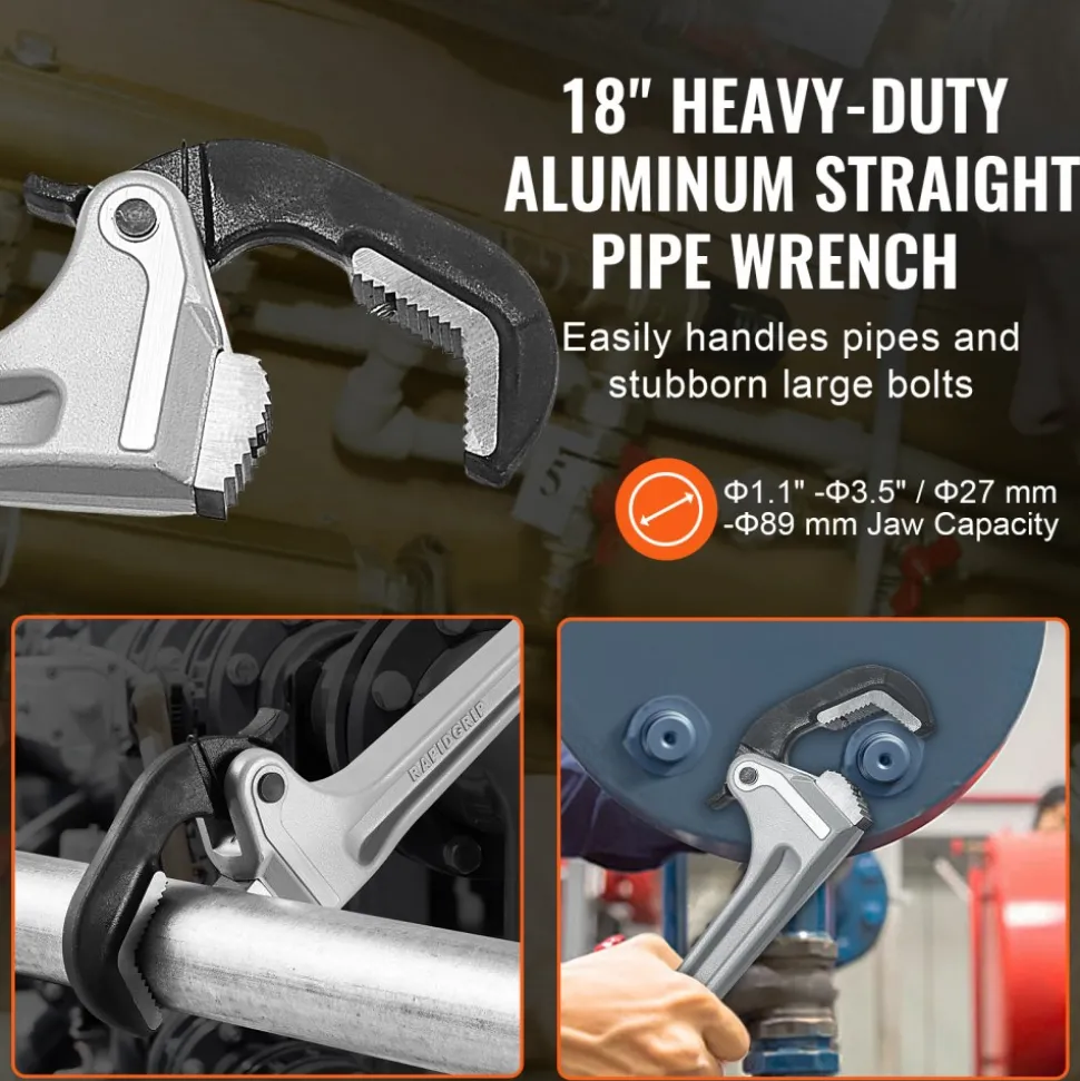 VEVOR Pipe Wrench, 18" Aluminum Straight Pipe Wrench, Automatic Jaw Adjustment, Adjustable Plumbing Wrench, Easy to Carry, Ergonomic Handle, Hangable Design, for Water Pipes, Automotive Repairs
