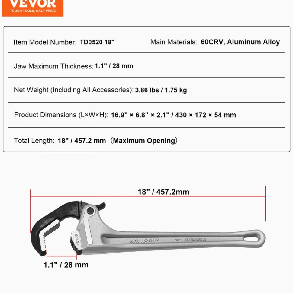 VEVOR Pipe Wrench, 18" Aluminum Straight Pipe Wrench, Automatic Jaw Adjustment, Adjustable Plumbing Wrench, Easy to Carry, Ergonomic Handle, Hangable Design, for Water Pipes, Automotive Repairs