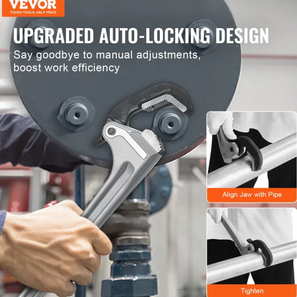 VEVOR Pipe Wrench, 18" Aluminum Straight Pipe Wrench, Automatic Jaw Adjustment, Adjustable Plumbing Wrench, Easy to Carry, Ergonomic Handle, Hangable Design, for Water Pipes, Automotive Repairs