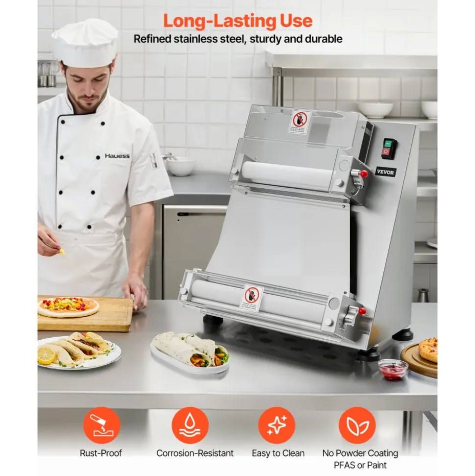 VEVOR Pizza Dough Roller Sheeter, 3-16 Inch Semi-automatic Stainless Steel Pizza Press, Commercial Electric 390W Pasta Maker Machine, 260 pcs Per Hour, Adjustable Thickness, with Dough Press Lid