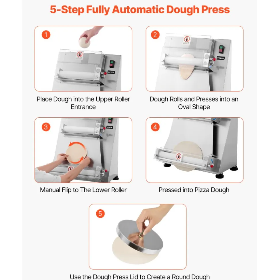 VEVOR Pizza Dough Roller Sheeter, 3-16 Inch Semi-automatic Stainless Steel Pizza Press, Commercial Electric 390W Pasta Maker Machine, 260 pcs Per Hour, Adjustable Thickness, with Dough Press Lid